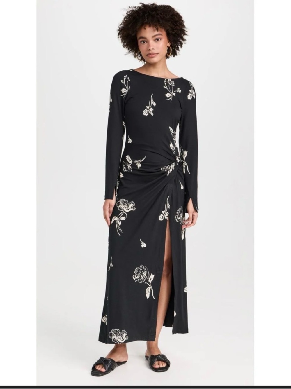 Free People Black Floral Side-Knot Midi Dress